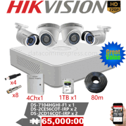 4 Camera 1MP Hikvision Pakage with 2 x DS-2CE56C0T-IRP, 2 x DS-2CE16C0T-IRP, DS-7104HGHI-F1, 1TB